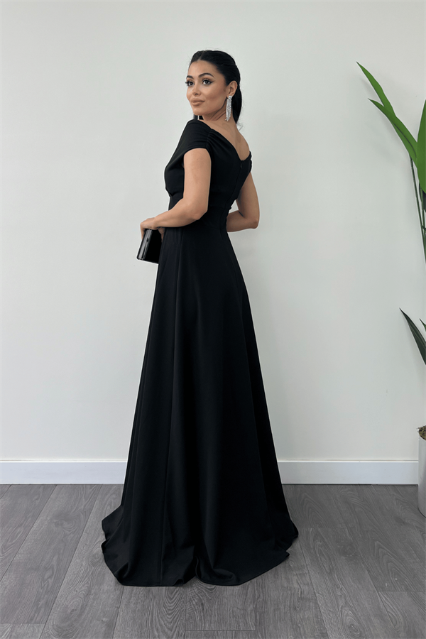 Kayık Yaka Kiloş Elbise - Siyah