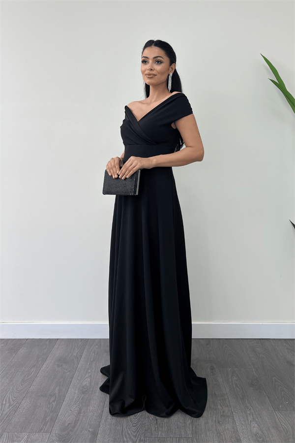 Kayık Yaka Kiloş Elbise - Siyah