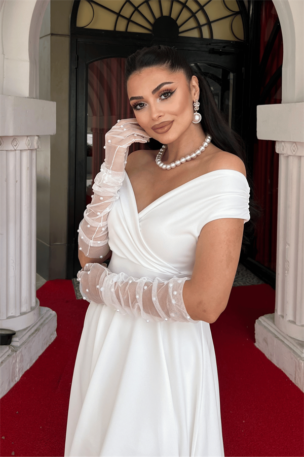 فستان ميدي بياقة  قارب - الأبيض