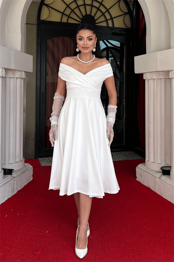 فستان ميدي بياقة  قارب - الأبيض