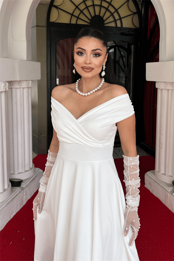 فستان ميدي بياقة  قارب - الأبيض