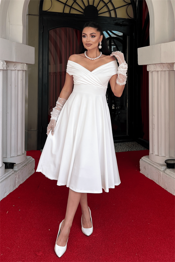 فستان ميدي بياقة  قارب - الأبيض