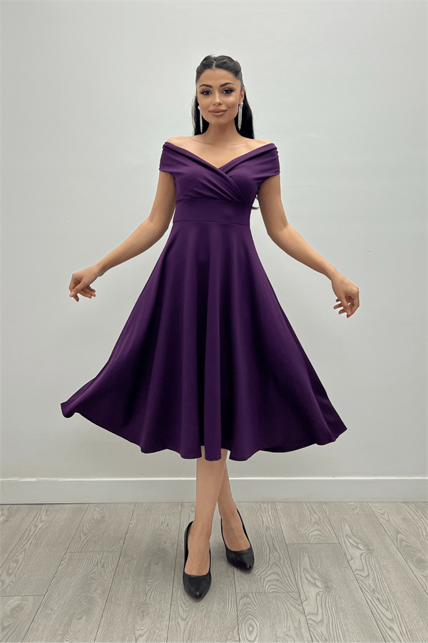 Kayık Yaka Midi Elbise - Patlıcan Mor