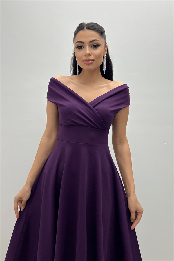 Kayık Yaka Midi Elbise - Patlıcan Mor