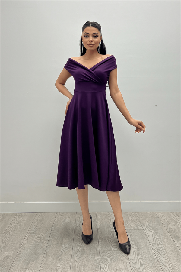 Kayık Yaka Midi Elbise - Patlıcan Mor
