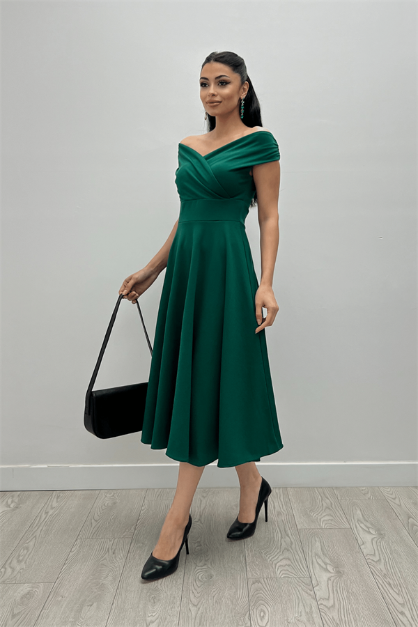 فستان ميدي بياقة  قارب - الزمرد الأخضر