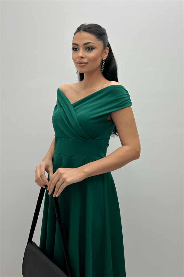 فستان ميدي بياقة  قارب - الزمرد الأخضر
