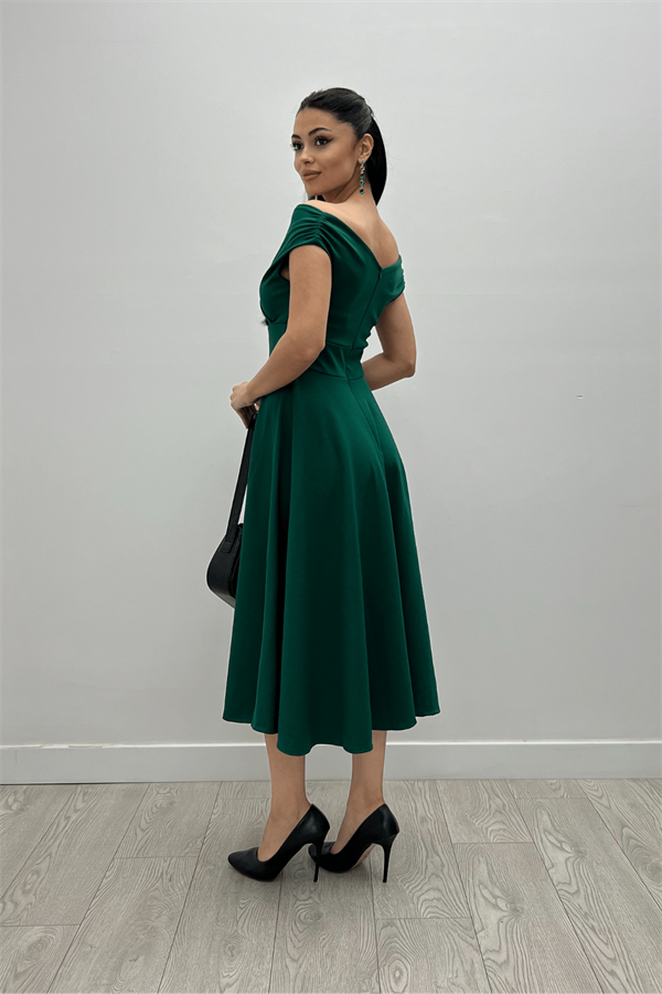 فستان ميدي بياقة  قارب - الزمرد الأخضر