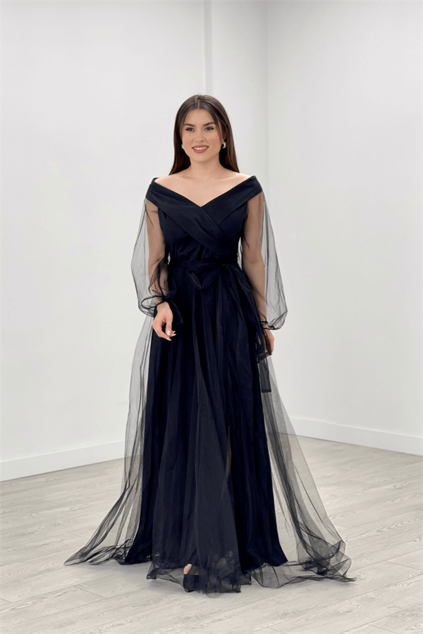 Kayık Yaka Tül Elbise - SİYAH