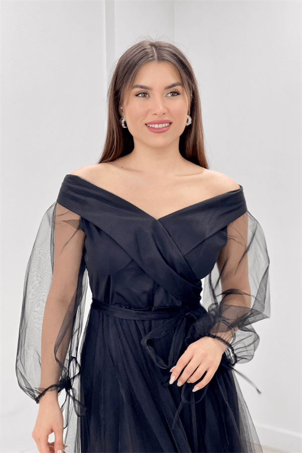 Kayık Yaka Tül Elbise - SİYAH