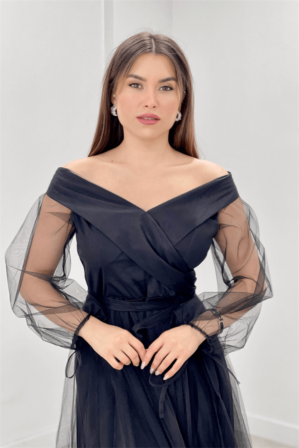 Kayık Yaka Tül Elbise - SİYAH