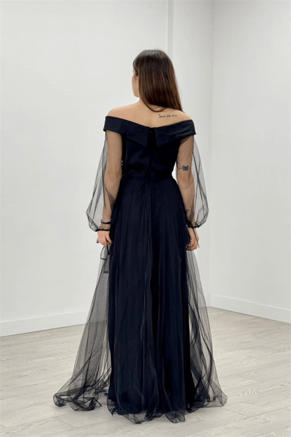 Kayık Yaka Tül Elbise - SİYAH