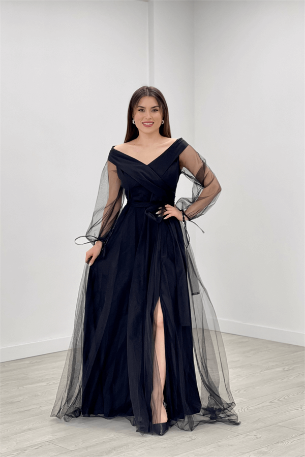 Kayık Yaka Tül Elbise - SİYAH