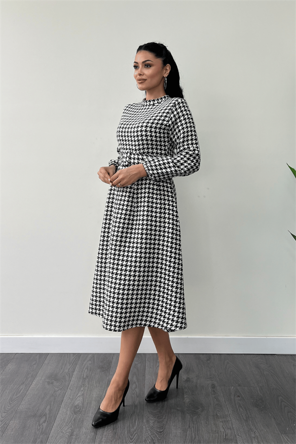 Kazayağı Desenli Midi Elbise - SİYAH