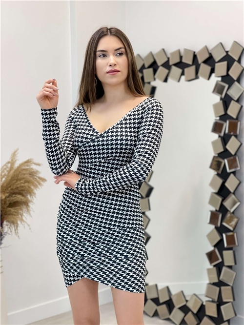 Houndsooth Mini Dress - Black