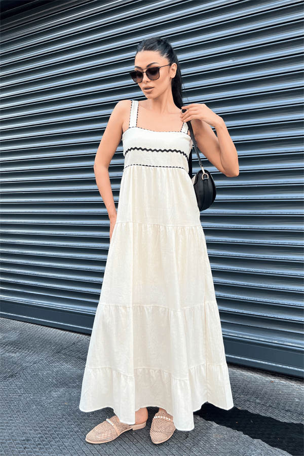 Keten Kumaş Askılı Maxi Elbise  - KREM