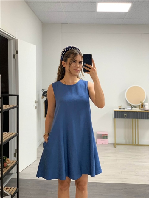 Linen Fabric Pocket Dress - Blue