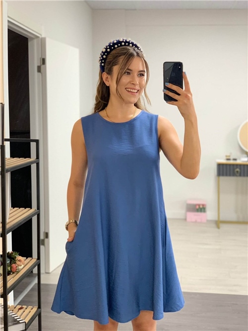 Linen Fabric Pocket Dress - Blue