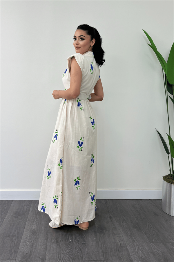 Keten Kumaş Düğme Detaylı Elbise - KREM