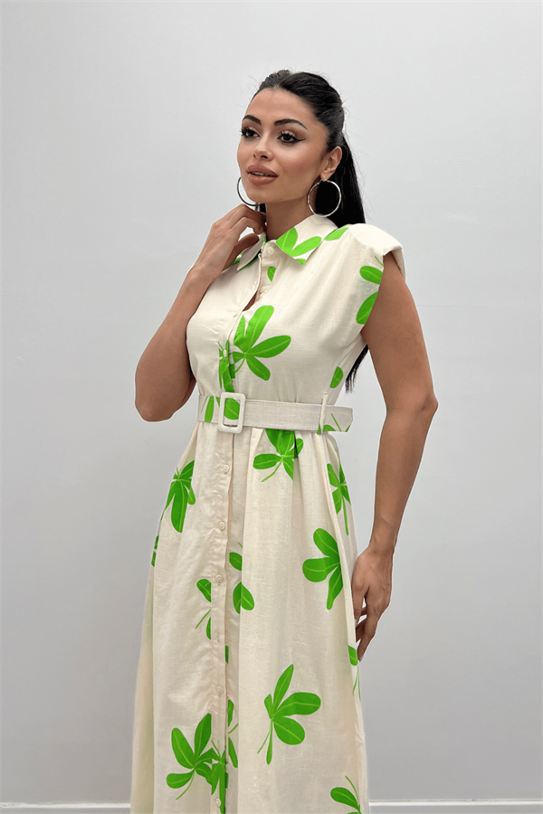 Keten Kumaş Düğme Detaylı Elbise - YEŞİL