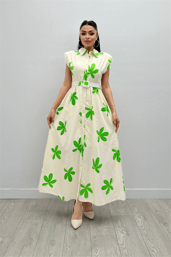 Keten Kumaş Düğme Detaylı Elbise - YEŞİL