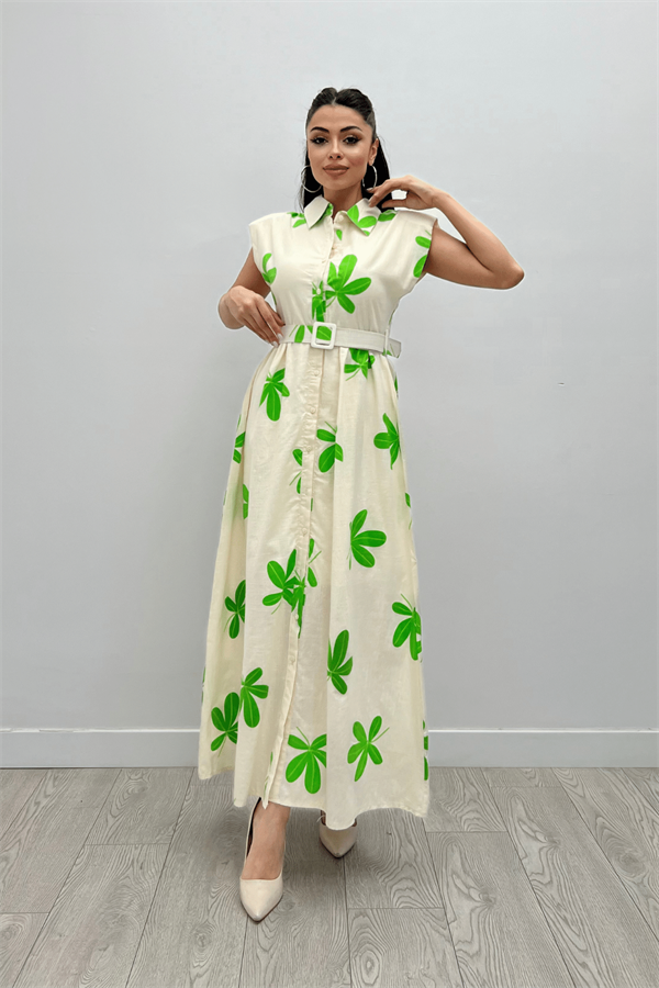 Keten Kumaş Düğme Detaylı Elbise - YEŞİL