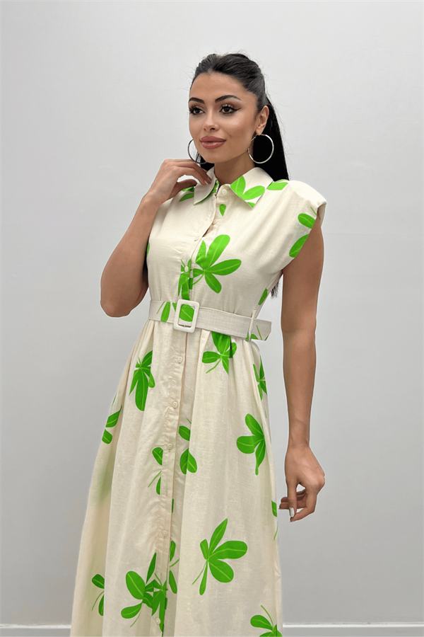 Keten Kumaş Düğme Detaylı Elbise - YEŞİL