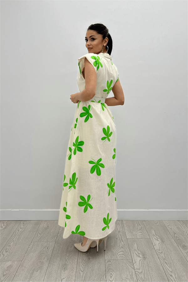 Keten Kumaş Düğme Detaylı Elbise - YEŞİL