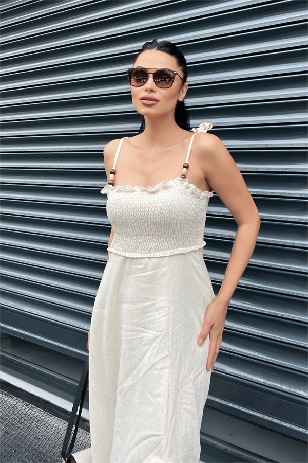 Keten Kumaş Göğüsü Büzgülü  Yırtmacli Elbise  - KREM