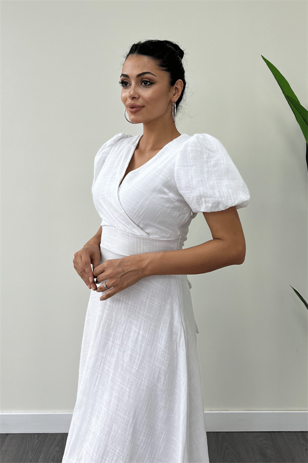Keten Kumaş Kruvaze Yaka Midi Elbise - BEYAZ