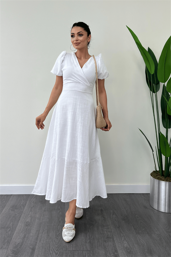 Keten Kumaş Kruvaze Yaka Midi Elbise - BEYAZ