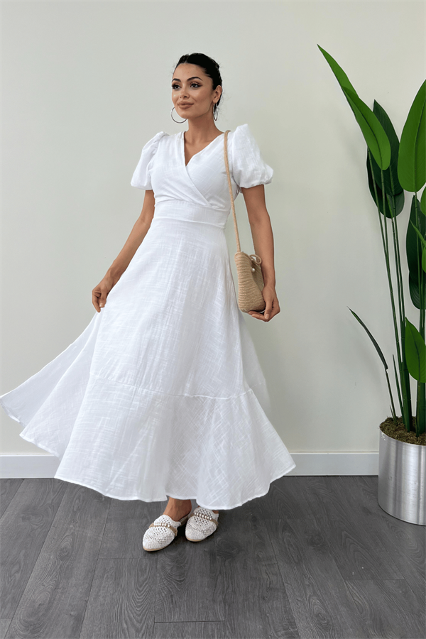 Keten Kumaş Kruvaze Yaka Midi Elbise - BEYAZ