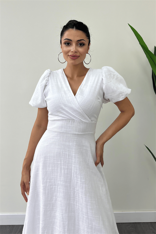 Keten Kumaş Kruvaze Yaka Midi Elbise - BEYAZ