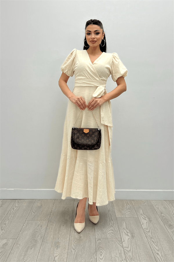 Keten Kumaş Kruvaze Yaka Midi Elbise - KREM