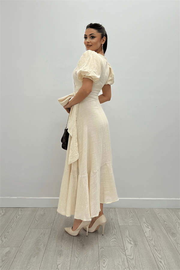 Keten Kumaş Kruvaze Yaka Midi Elbise - KREM