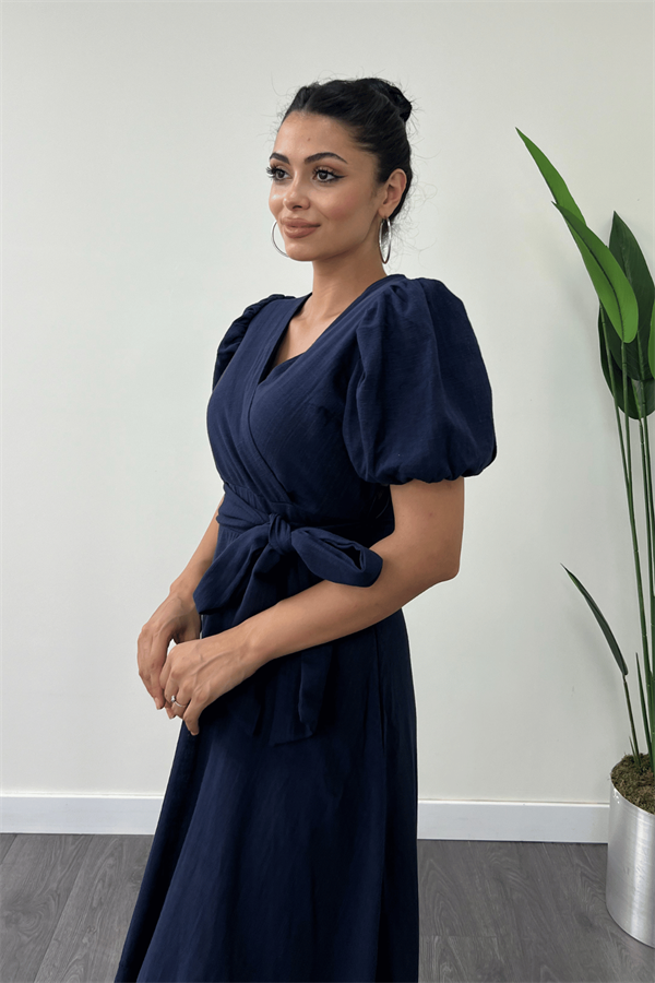 Keten Kumaş Kruvaze Yaka Midi Elbise - LACİVERT