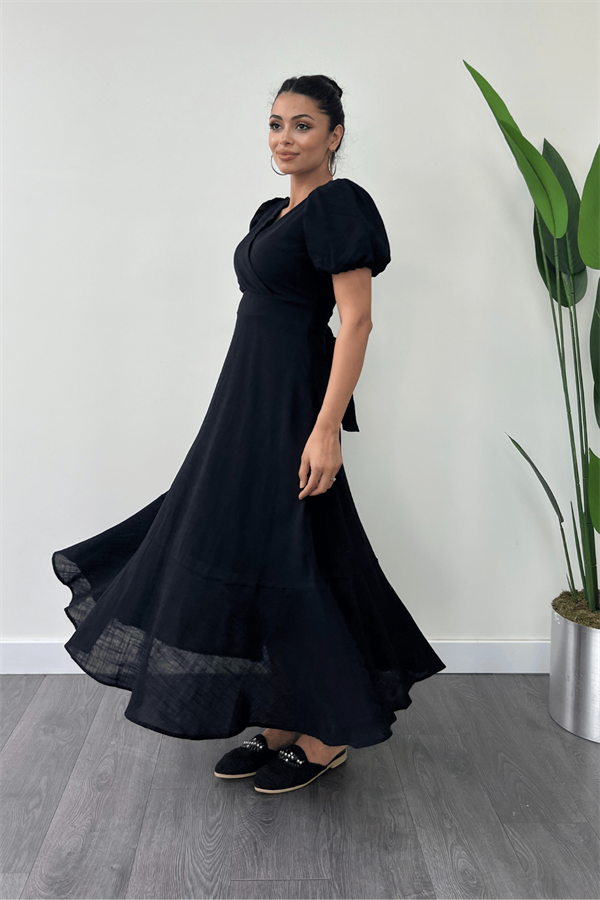 Keten Kumaş Kruvaze Yaka Midi Elbise - SİYAH