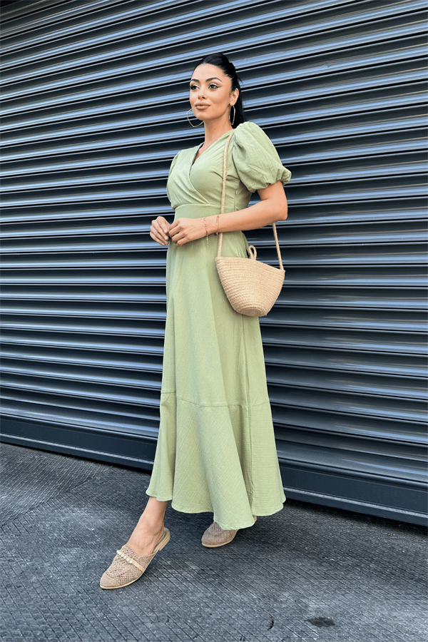 Keten Kumaş Kruvaze Yaka Midi Elbise - YEŞİL