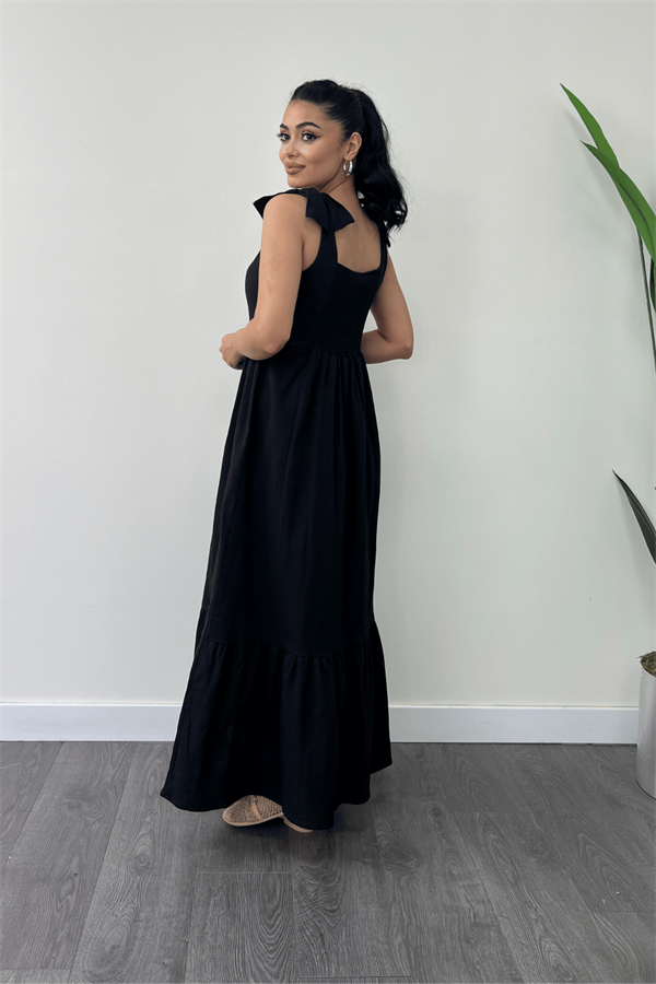 Keten Kumaş Omuzu Fiyonk Detaylı Elbise - SİYAH