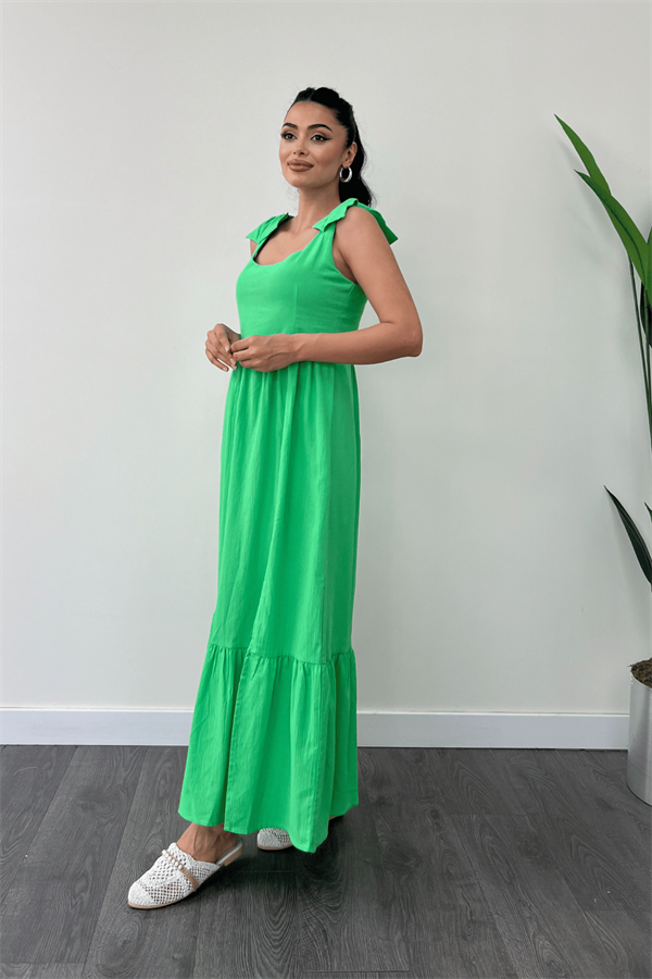 Keten Kumaş Omuzu Fiyonk Detaylı Elbise - Fıstık Yeşili