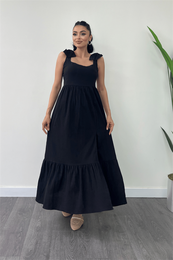 Keten Kumaş Omuzu Fiyonk Detaylı Elbise - SİYAH