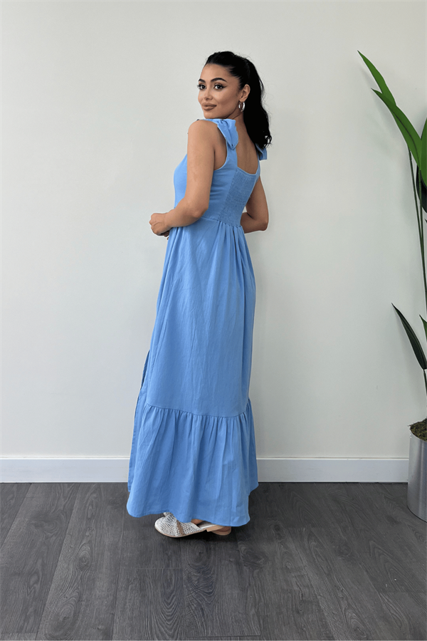 Keten Kumaş Omuzu Fiyonk Detaylı Elbise - BEBE MAVİSİ