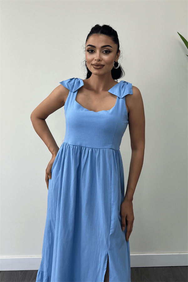 Keten Kumaş Omuzu Fiyonk Detaylı Elbise - BEBE MAVİSİ