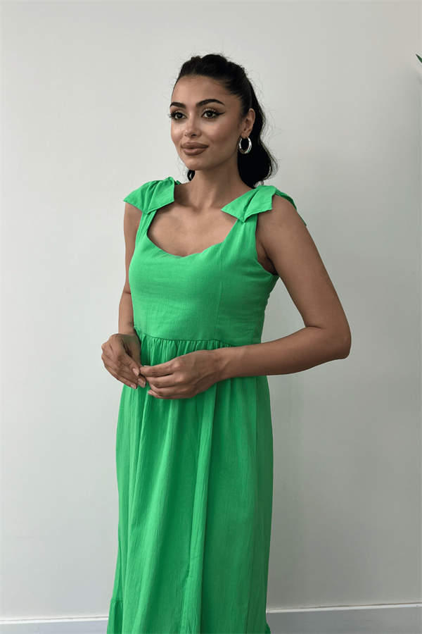 Keten Kumaş Omuzu Fiyonk Detaylı Elbise - Fıstık Yeşili