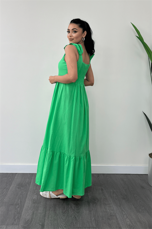 Keten Kumaş Omuzu Fiyonk Detaylı Elbise - Fıstık Yeşili