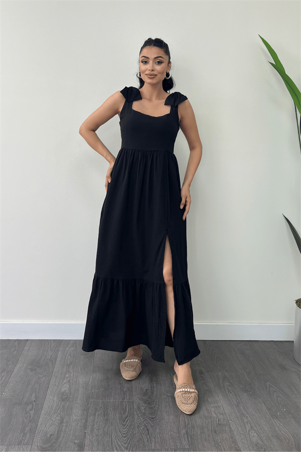 Keten Kumaş Omuzu Fiyonk Detaylı Elbise - SİYAH