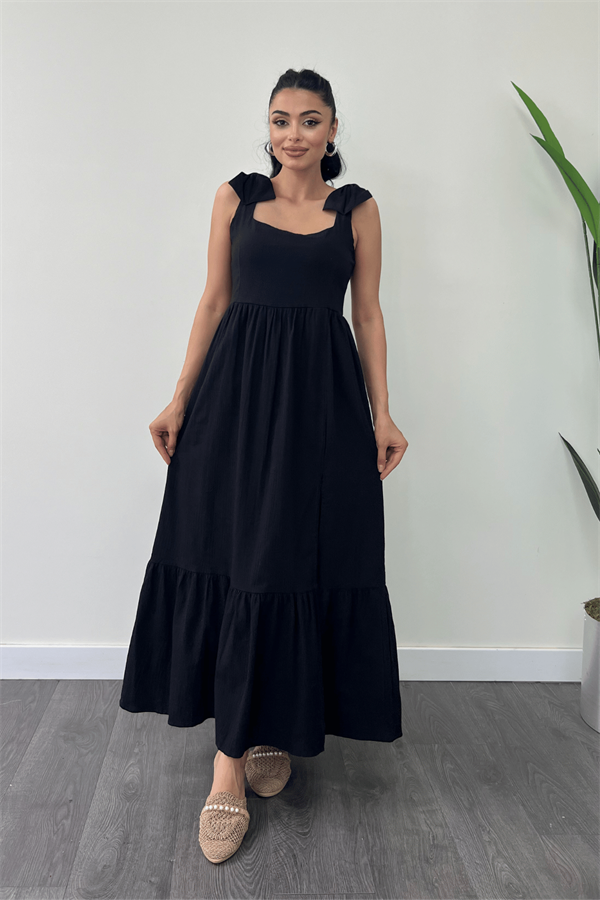 Keten Kumaş Omuzu Fiyonk Detaylı Elbise - SİYAH