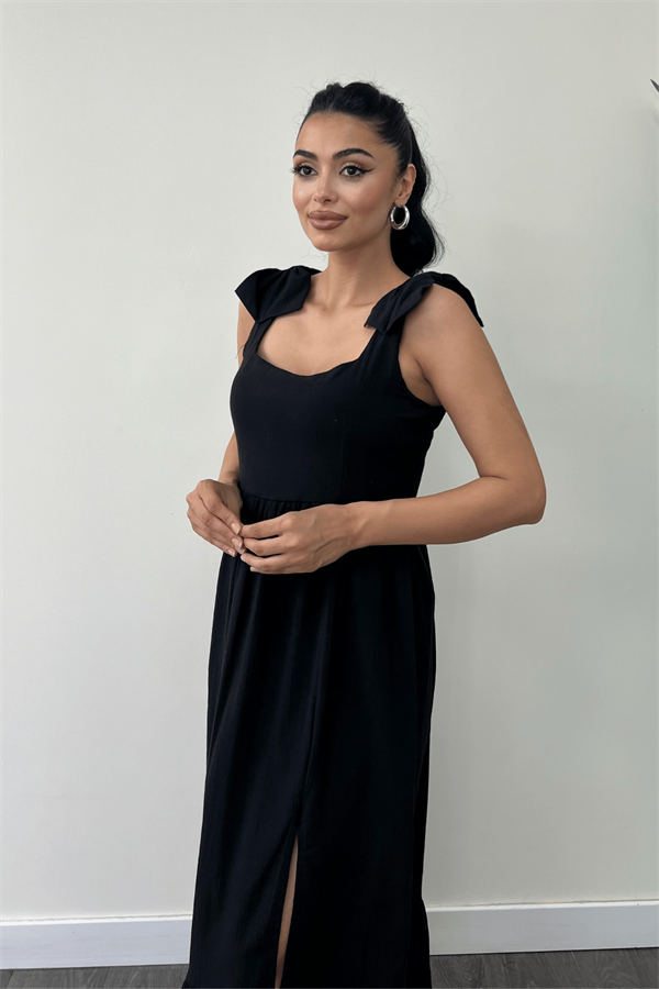 Keten Kumaş Omuzu Fiyonk Detaylı Elbise - SİYAH