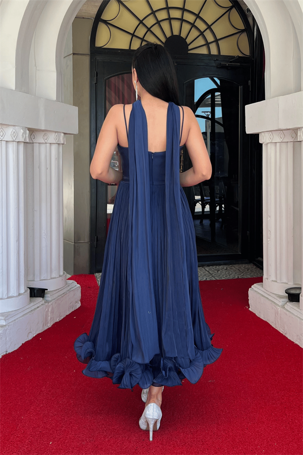 Kırinkıl Saten Kumaş Askılı Midi Boy Elbise - LACİVERT