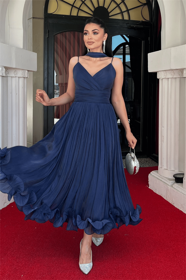 Kırinkıl Saten Kumaş Askılı Midi Boy Elbise - LACİVERT